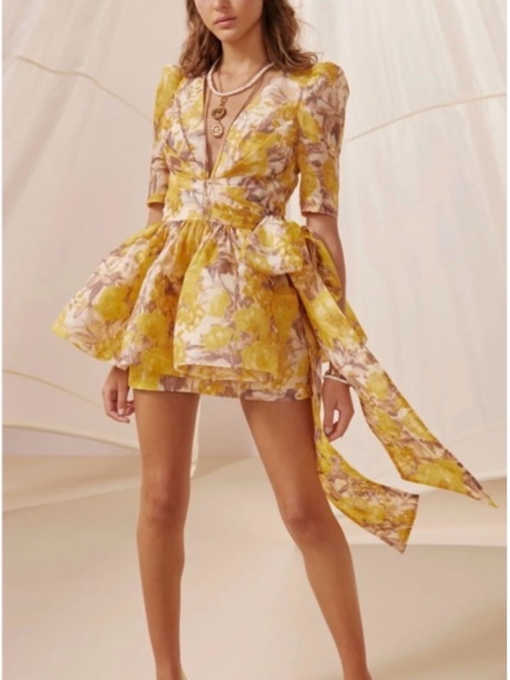 Yellow Floral V-Neck Puff Sleeve Mini Dress- Lookalike Zimmerman design dress - Picture 4 of 9
